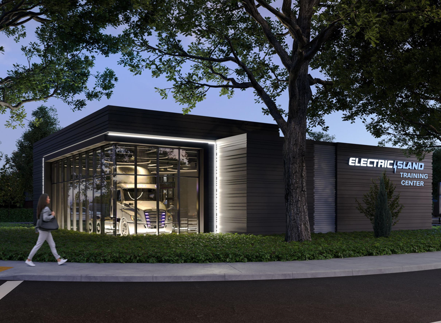 A rendering of the Daimler Truck North America Electric Vehicle Supply Equipment (EVSE) training center at Electric Island.