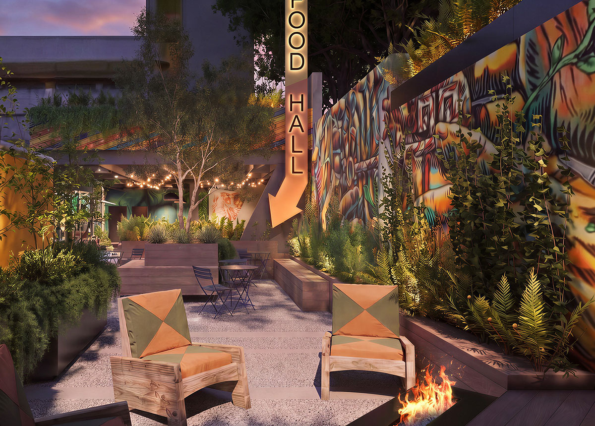 Outside seating area with chairs and fire pit